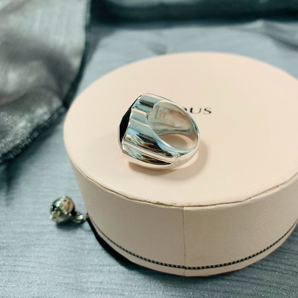 TOUS Ring Big Silver TOUS Color Ring with faceted onyx Women Jewelry 56# - Picture 8 of 13